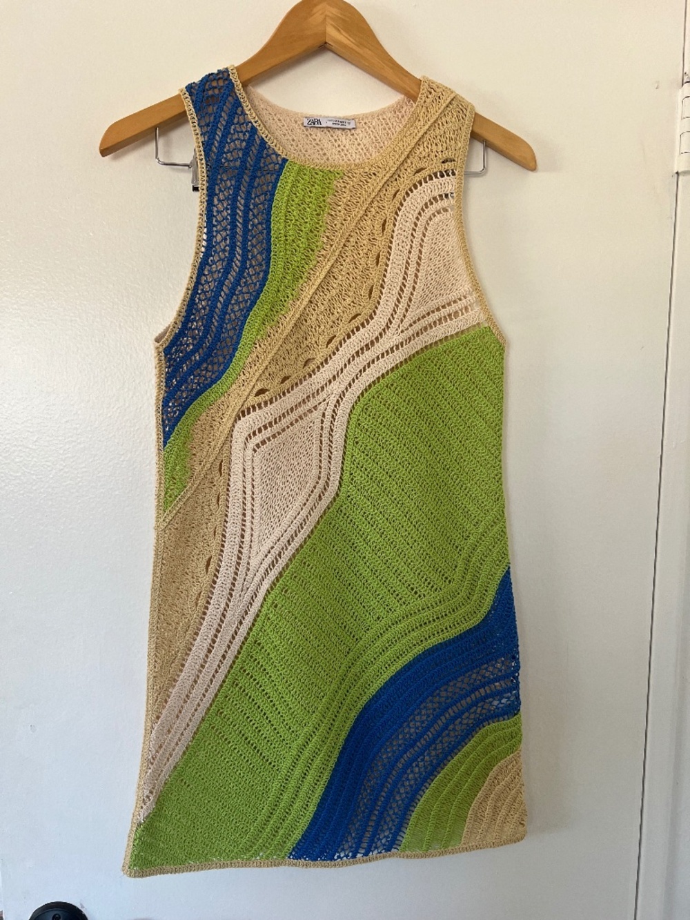 Zara Crochet Mini Dress in Green, Blue, and Beige